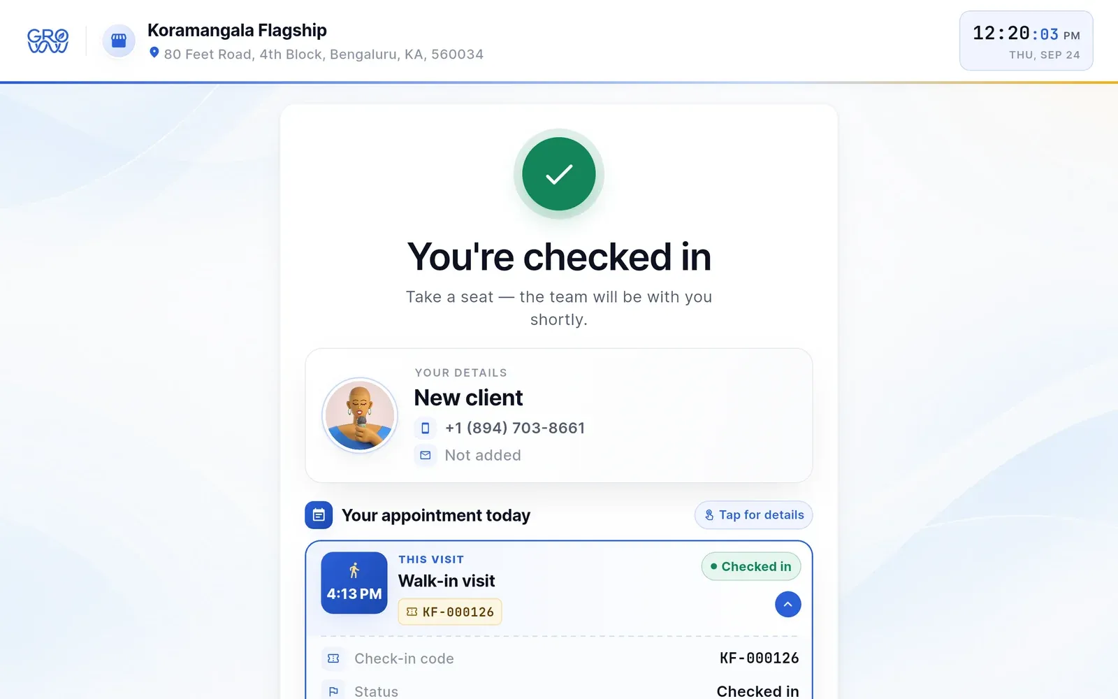 Groww Self Check-In confirmation reading You’re checked in, with the client’s details and today’s walk-in visit marked checked in with its check-in code