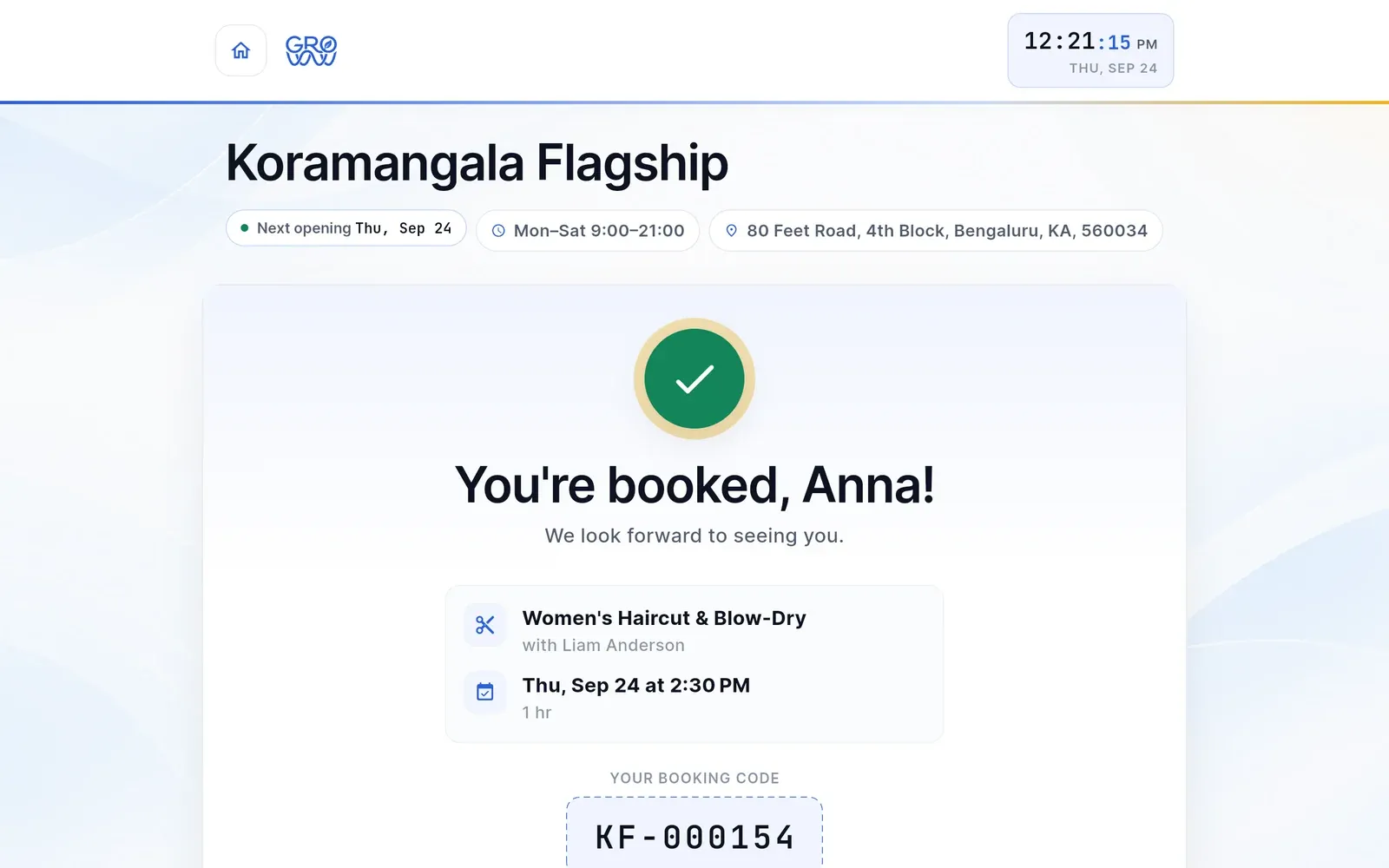 Groww Self Check-In confirmation reading You’re booked, Anna!, with the service, stylist, date and time, and the booking code