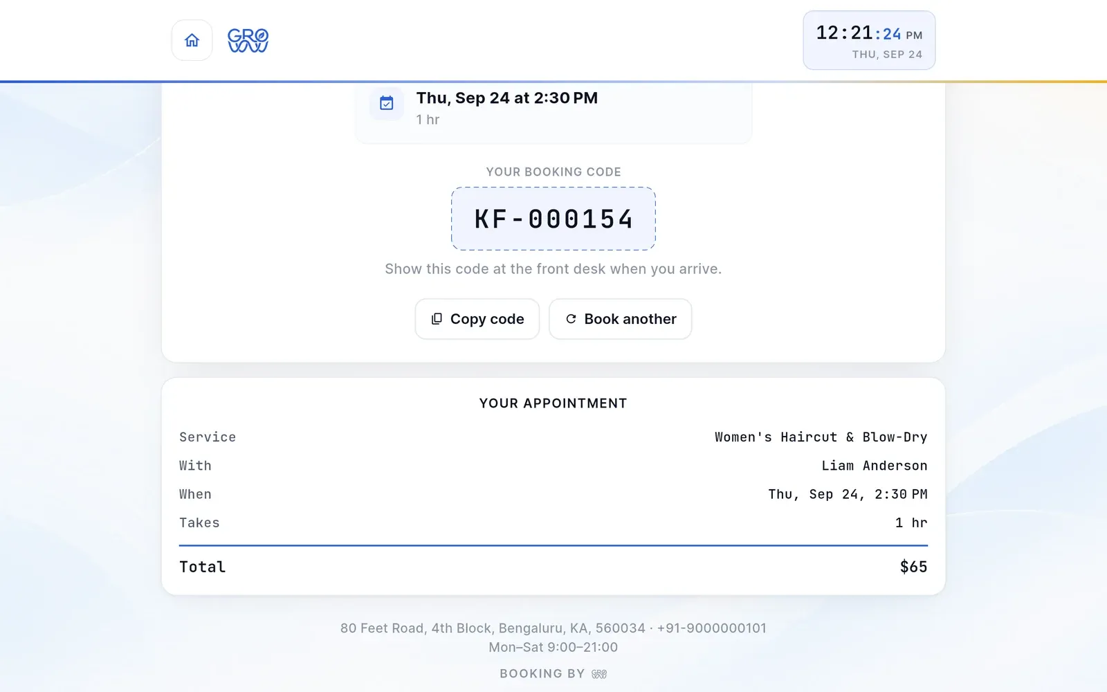 Groww Self Check-In booking code to show at the front desk, copy code and book another buttons, and the appointment summary with service, stylist, time, duration and total