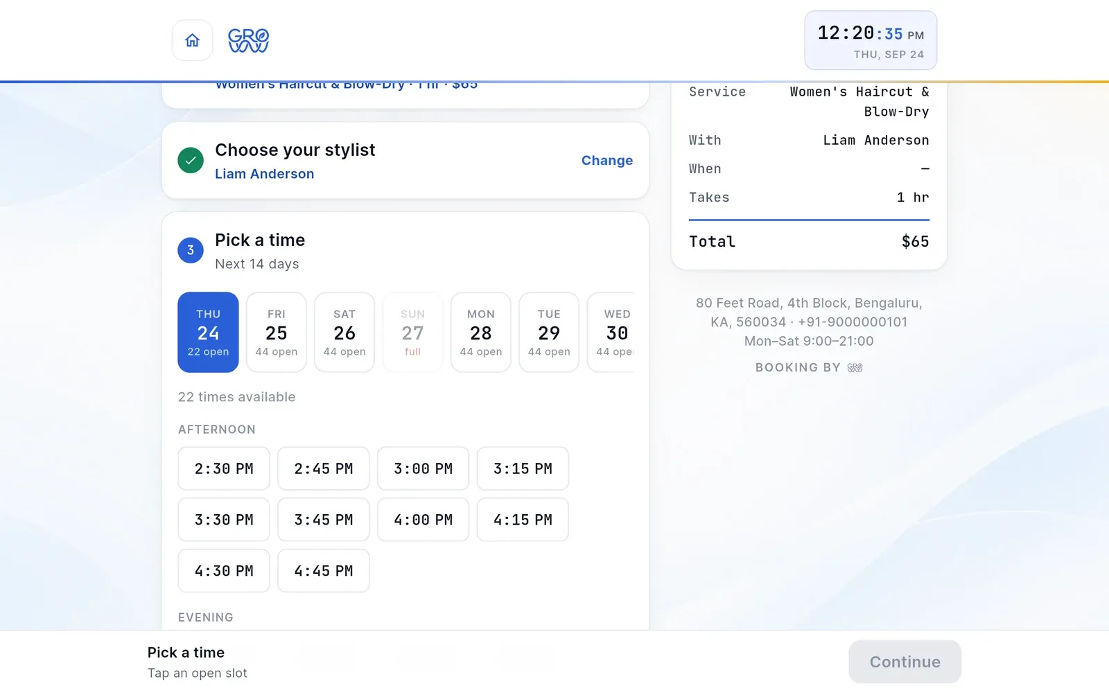 Groww Self Check-In pick a time screen with the chosen stylist, the next fourteen days with open slot counts, afternoon times, and a running appointment summary with the total