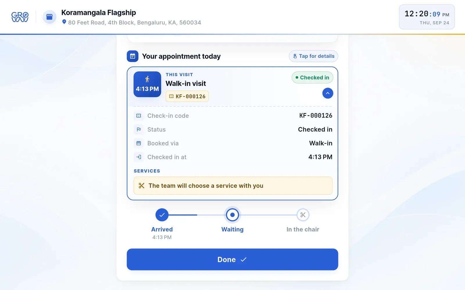 Groww Self Check-In visit details with the check-in code, status, booked via walk-in and check-in time, a note that the team will choose a service with the client, and a progress line from arrived to waiting to in the chair