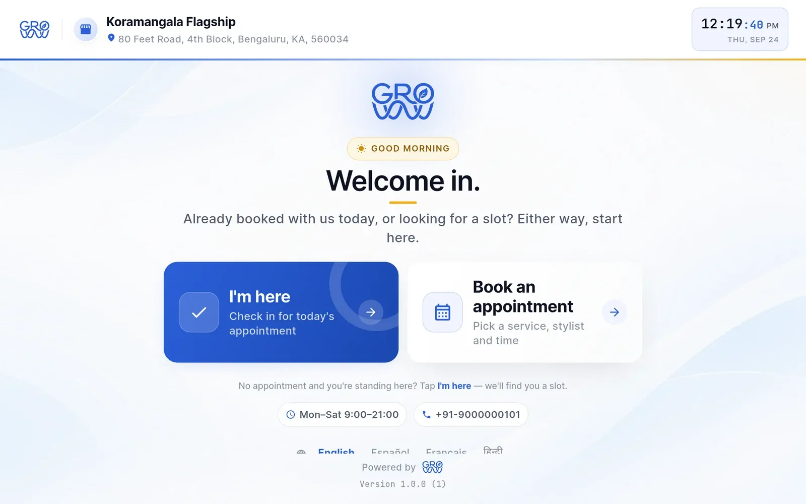 Groww Self Check-In welcome screen with the location and address, a good morning greeting, an I’m here button to check in, a Book an appointment button, the opening hours and phone number, and a choice of English, Español, Français or Hindi