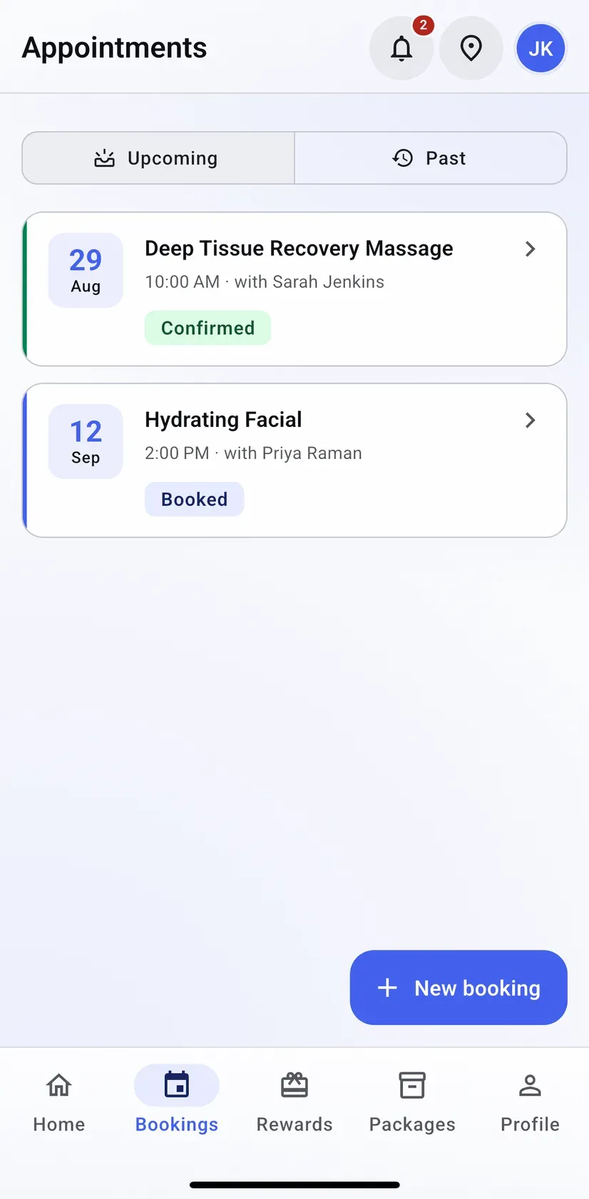 The Groww customer app appointments screen with upcoming and past tabs, listing a confirmed massage and a booked facial with the date, time and staff member on each