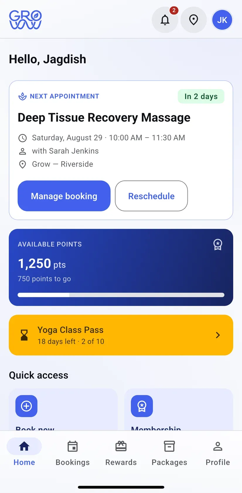 The Groww customer app home screen showing the next appointment with manage and reschedule buttons, an available points card and a class pass that is about to expire