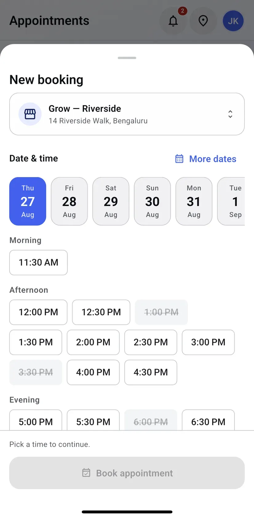Groww customer app new booking sheet with a location picker, a week of selectable dates, and morning, afternoon and evening slots with the taken times struck through