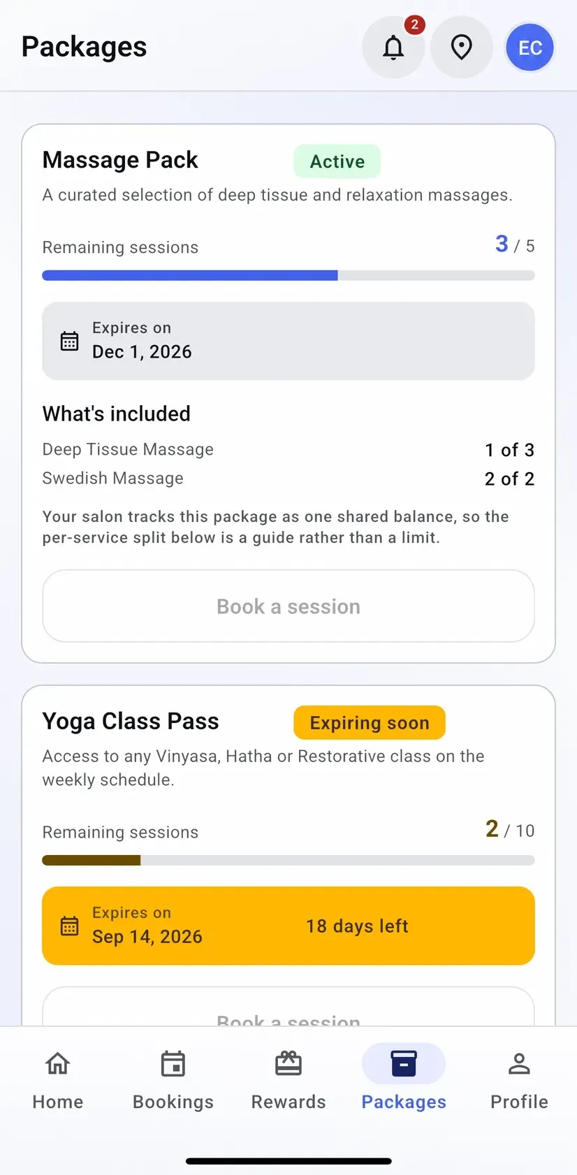 The Groww customer app packages screen showing an active massage pack with three of five sessions remaining and an expiry date, and a class pass flagged as expiring soon