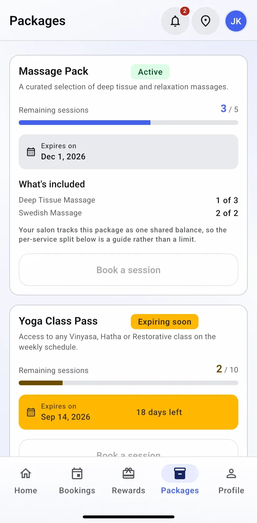 Groww customer app packages screen showing an active massage pack with sessions remaining and an expiry date, and a class pass flagged as expiring soon