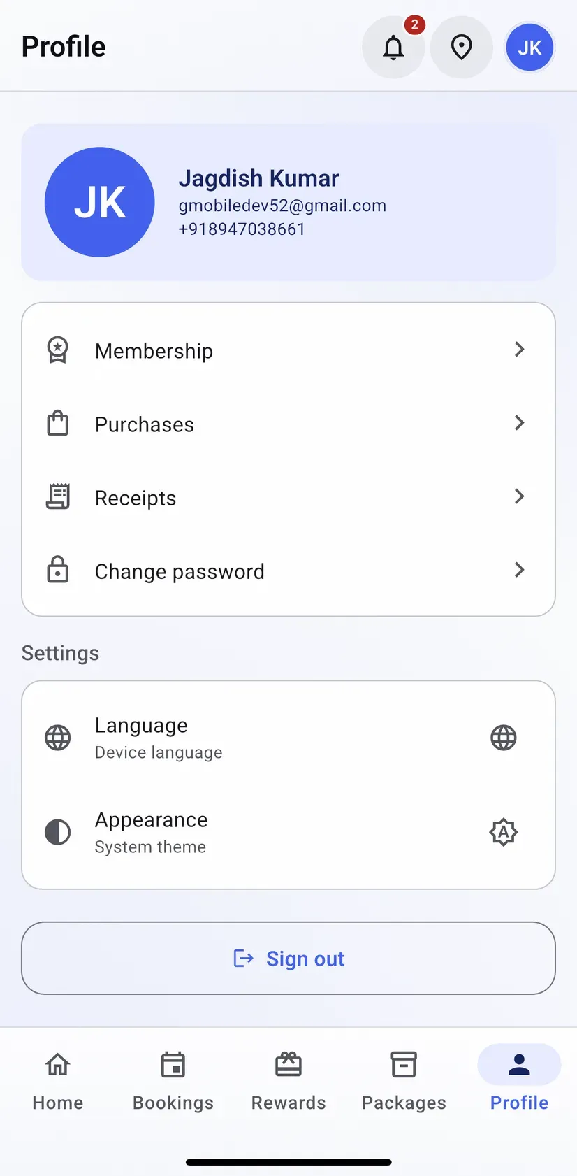 The Groww customer app profile screen listing membership, purchases, receipts and change password, with language and appearance settings and a sign out button below