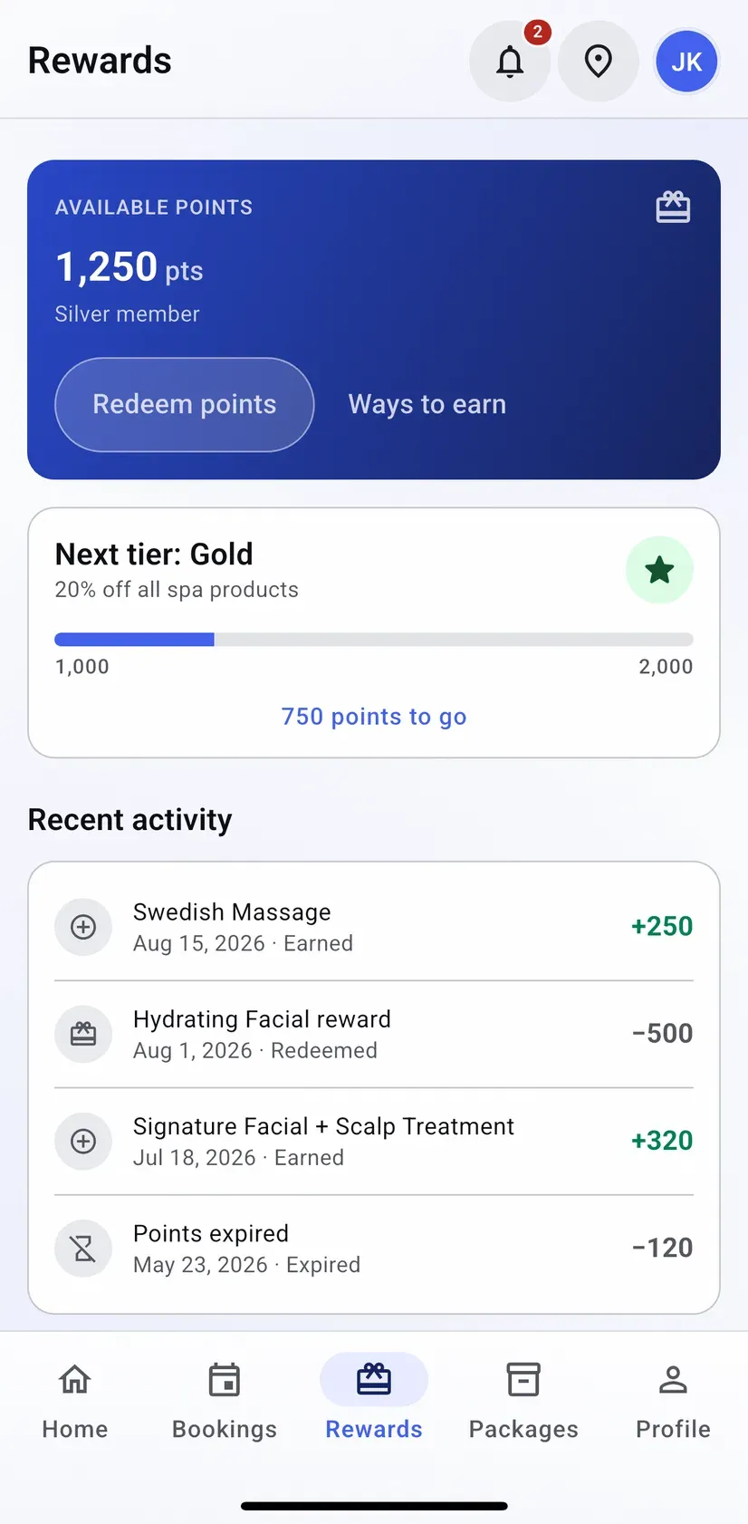Groww customer app rewards screen showing available points, the next loyalty tier with progress towards it, and a ledger of points earned, redeemed and expired
