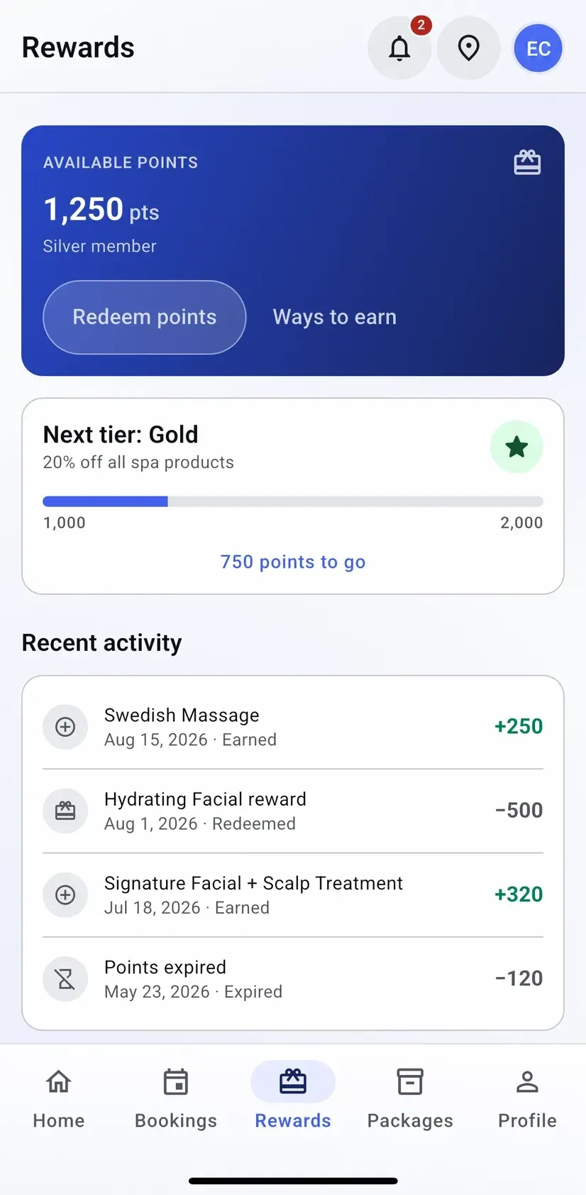 The Groww customer app rewards screen showing the available points balance, what those points are worth against a next visit, and the ledger of how they were earned