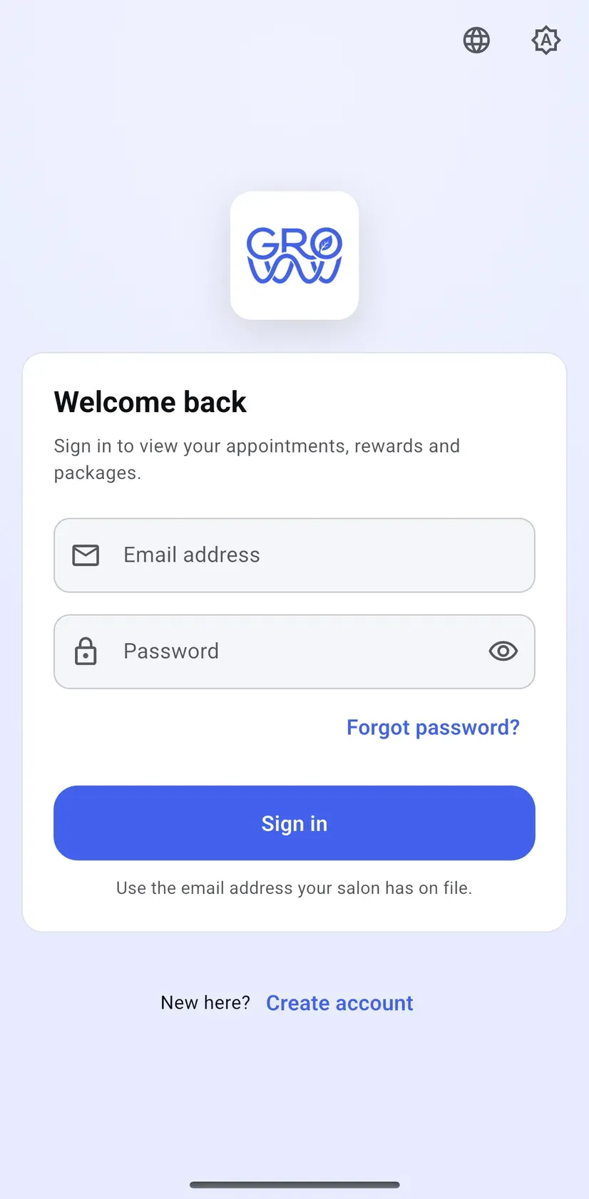 Groww customer app sign-in screen with email and password fields, a forgot password link, and a note that the email address is the one the salon has on file