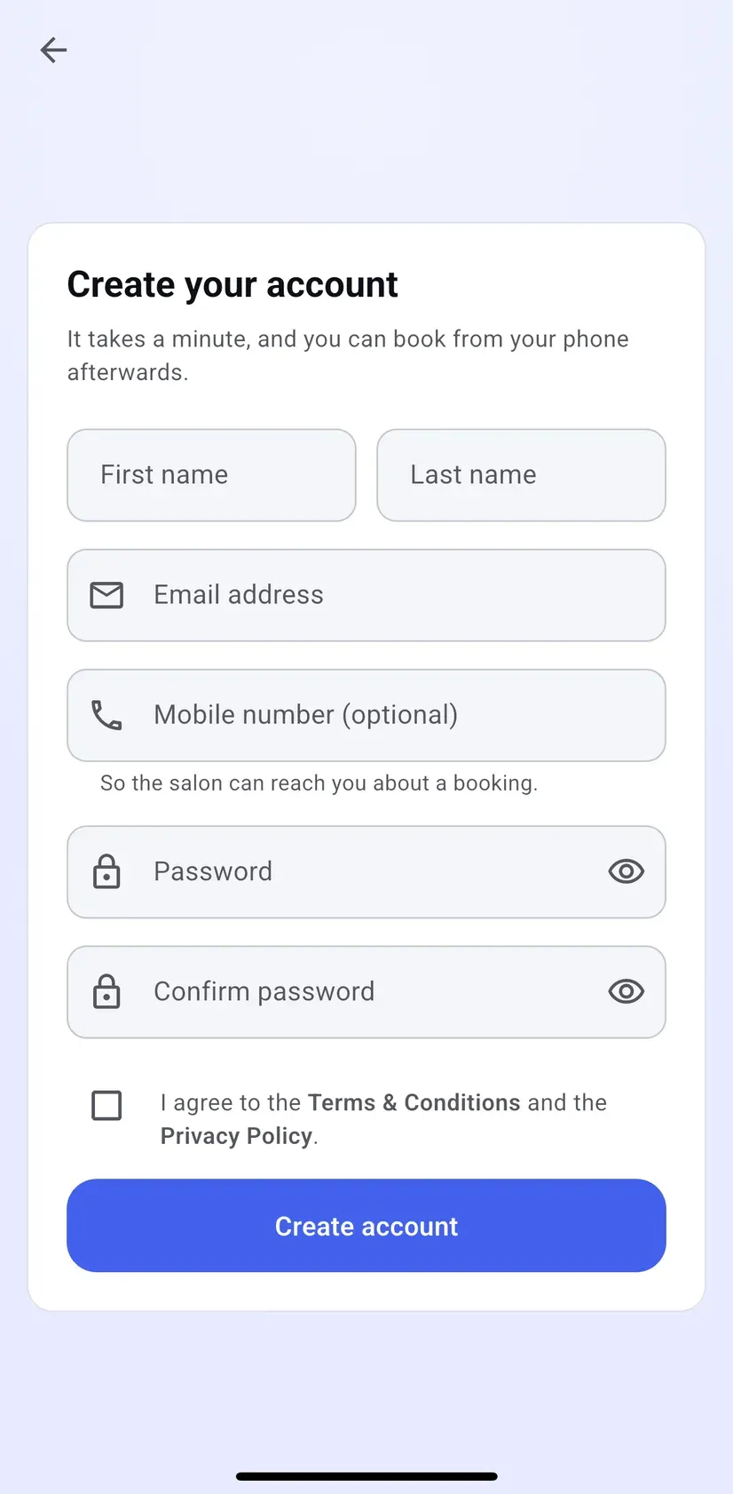 Groww customer app create account screen with first and last name, email, optional mobile number and password fields, and a terms and privacy checkbox