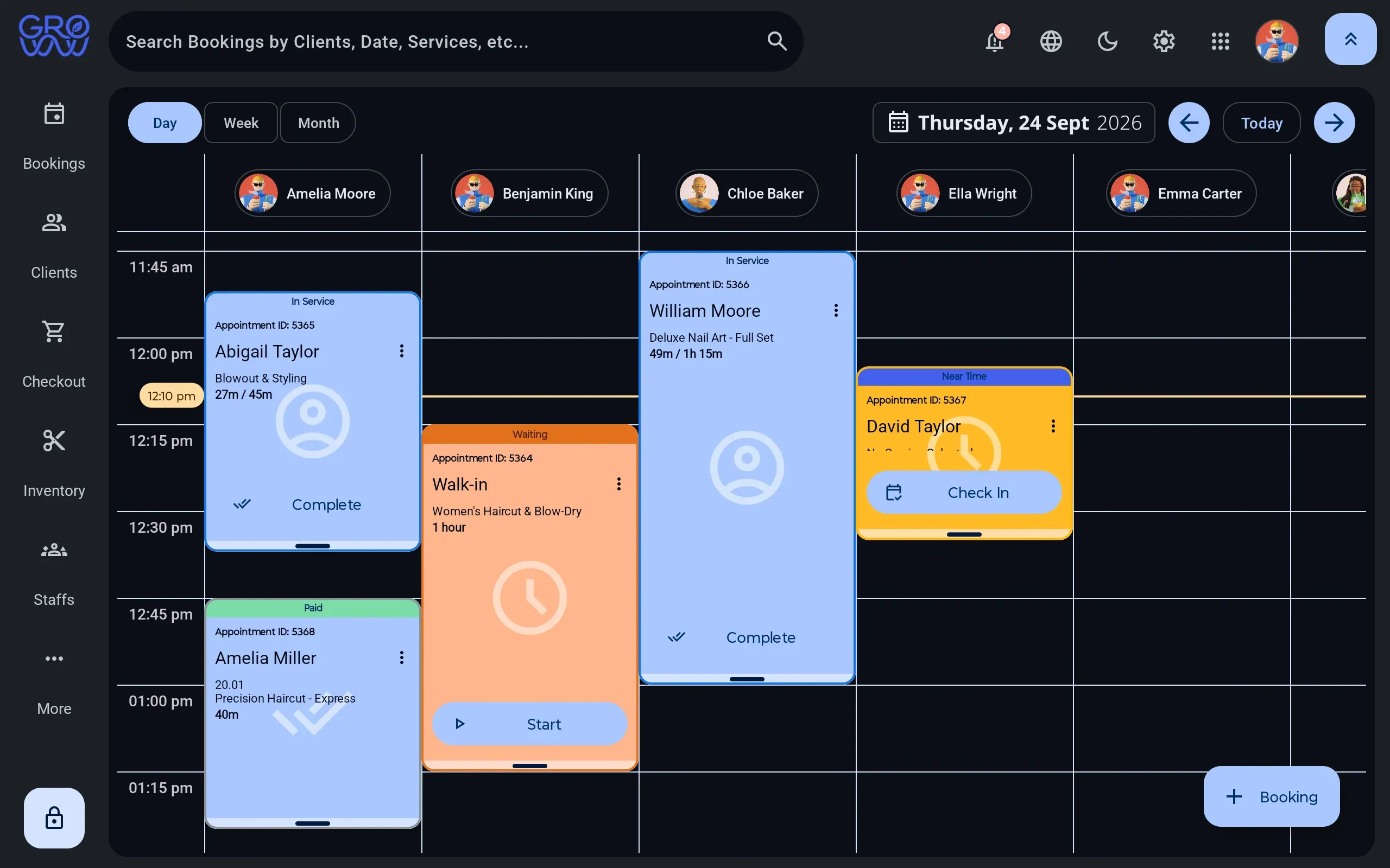 Groww POS day view with a column per staff member — Amelia Moore, Benjamin King, Chloe Baker, Ella Wright and Emma Carter — showing appointments in service, a walk-in waiting and a client due now with a Check In button
