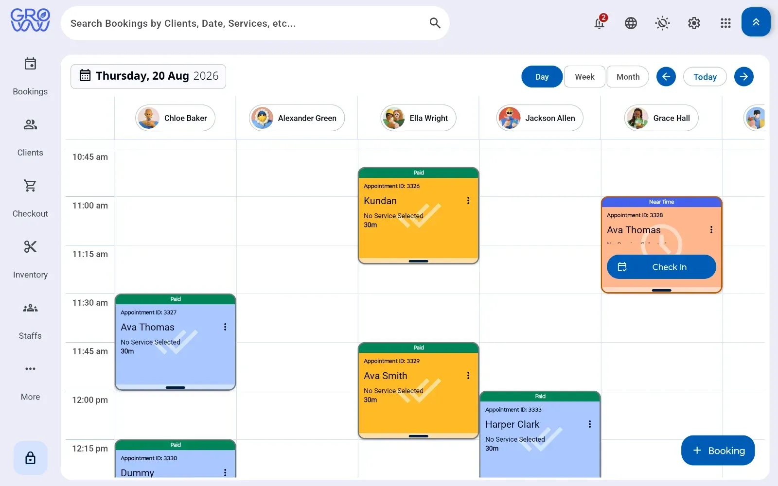 Groww POS day view with a column per staff member — Chloe Baker, Alexander Green, Ella Wright, Jackson Allen and Grace Hall — showing paid appointments and a client due now with a Check In button