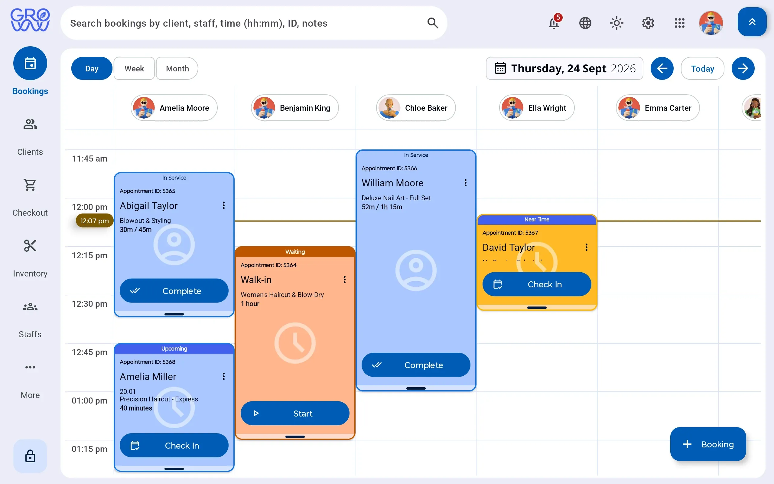 Groww POS day view with a column per staff member — Amelia Moore, Benjamin King, Chloe Baker, Ella Wright and Emma Carter — showing appointments in service, a walk-in waiting and a client due now with a Check In button