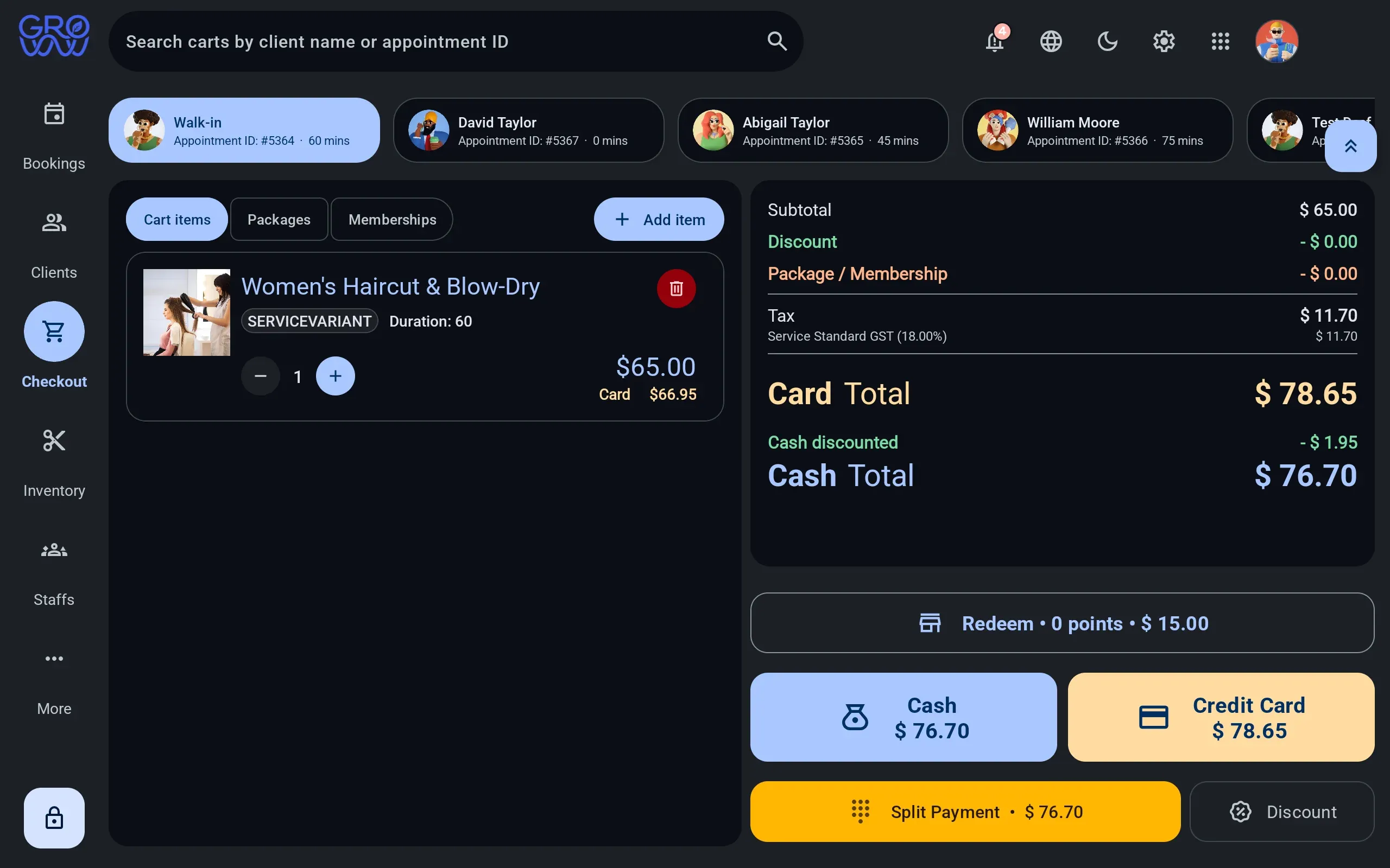 Groww POS checkout with three services in the cart, subtotal, tax and discount lines, and cash and card totals side by side with a split payment option