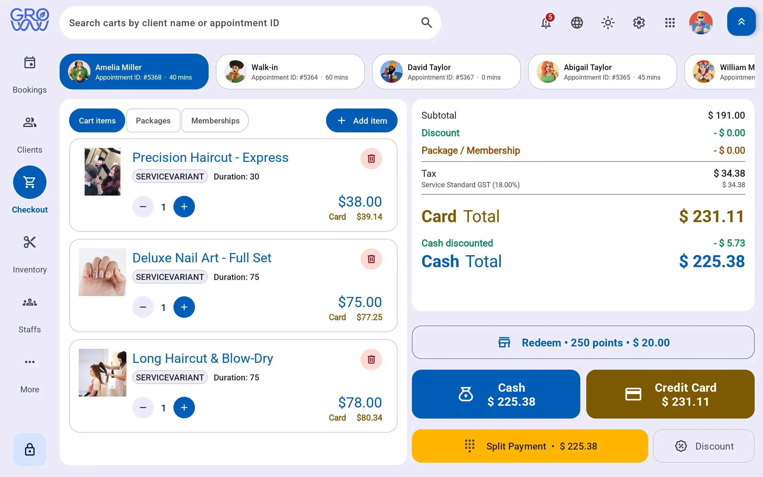 Groww POS checkout with three services in the cart, subtotal, tax and discount lines, and cash and card totals side by side with a split payment option