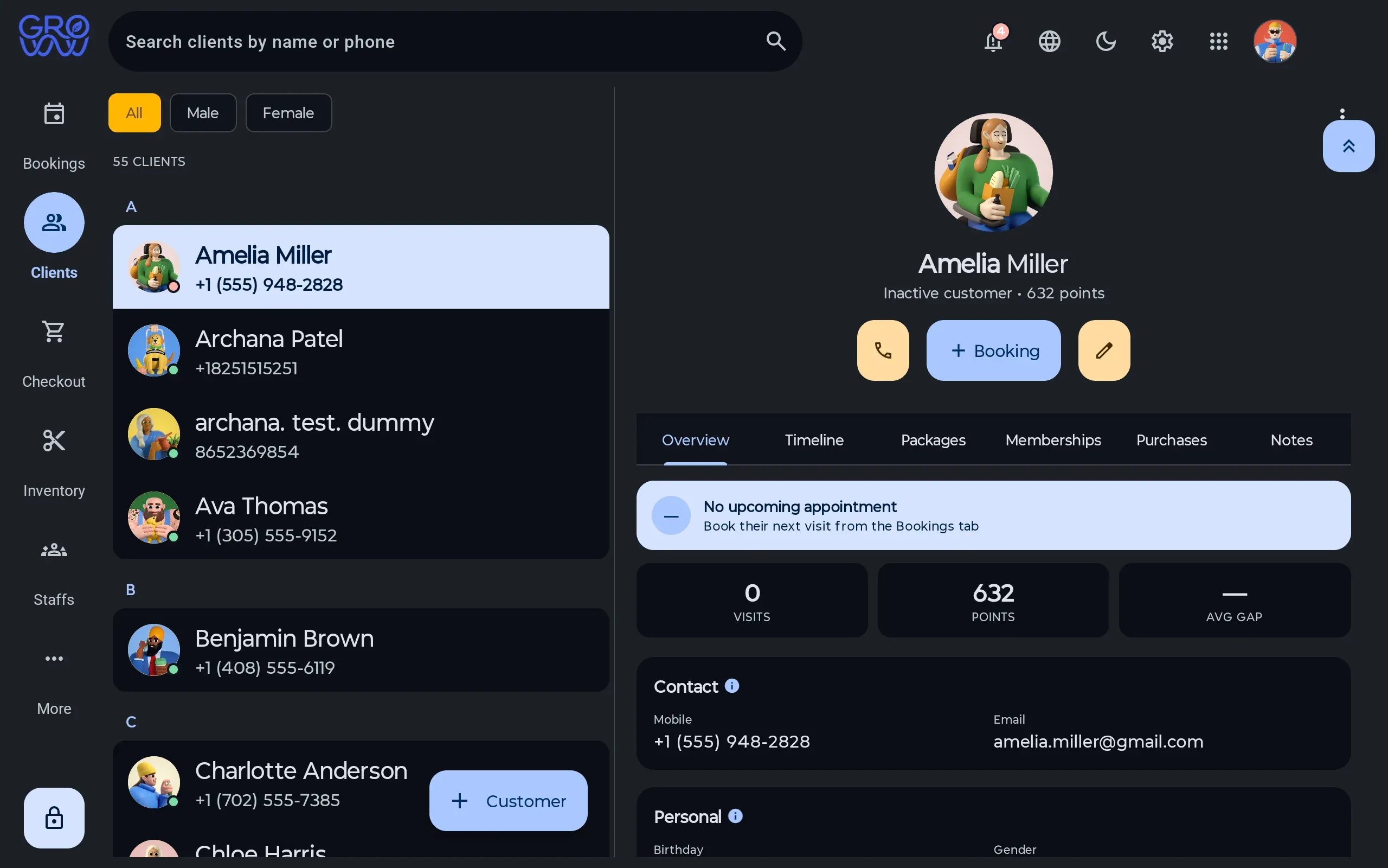 Groww POS client list beside one client’s profile showing visits, loyalty points, contact details and tabs for timeline, packages, memberships, purchases and notes