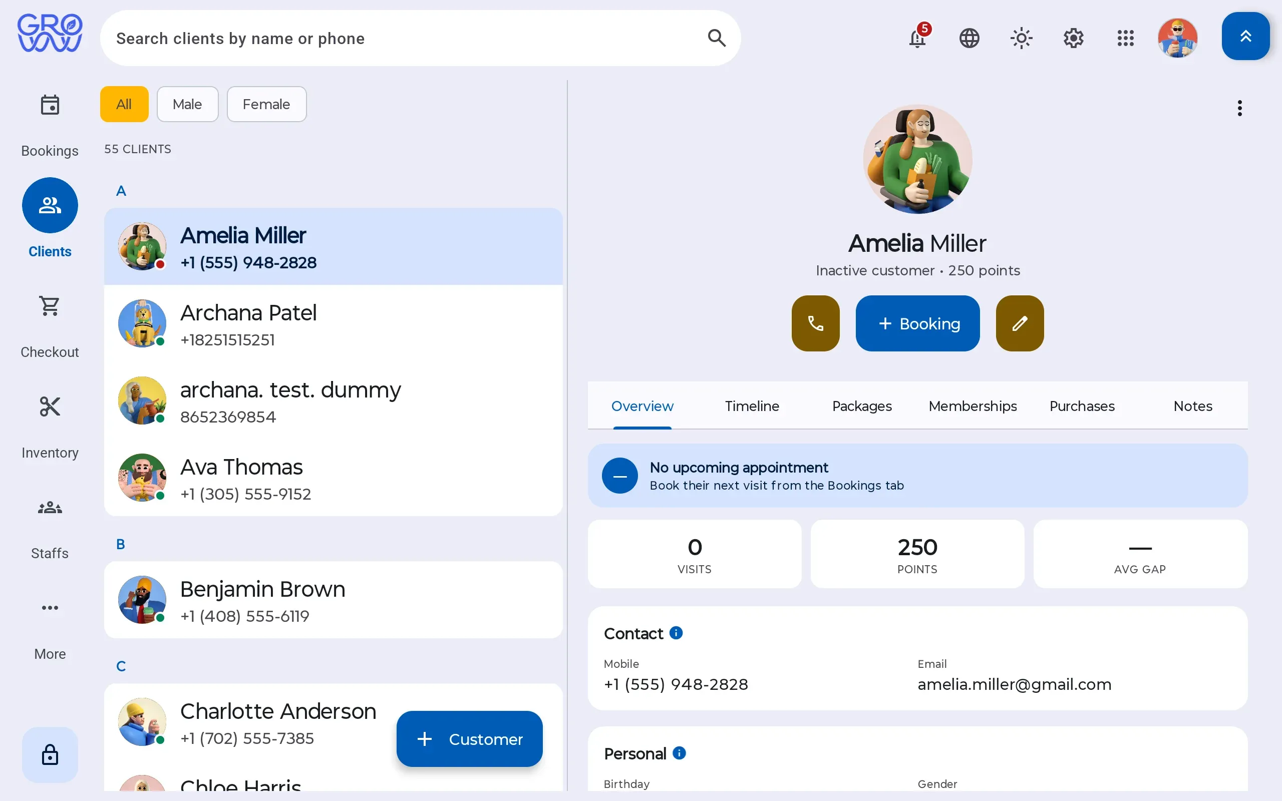 Groww POS client list beside one client’s profile showing visits, loyalty points, contact details and tabs for timeline, packages, memberships, purchases and notes