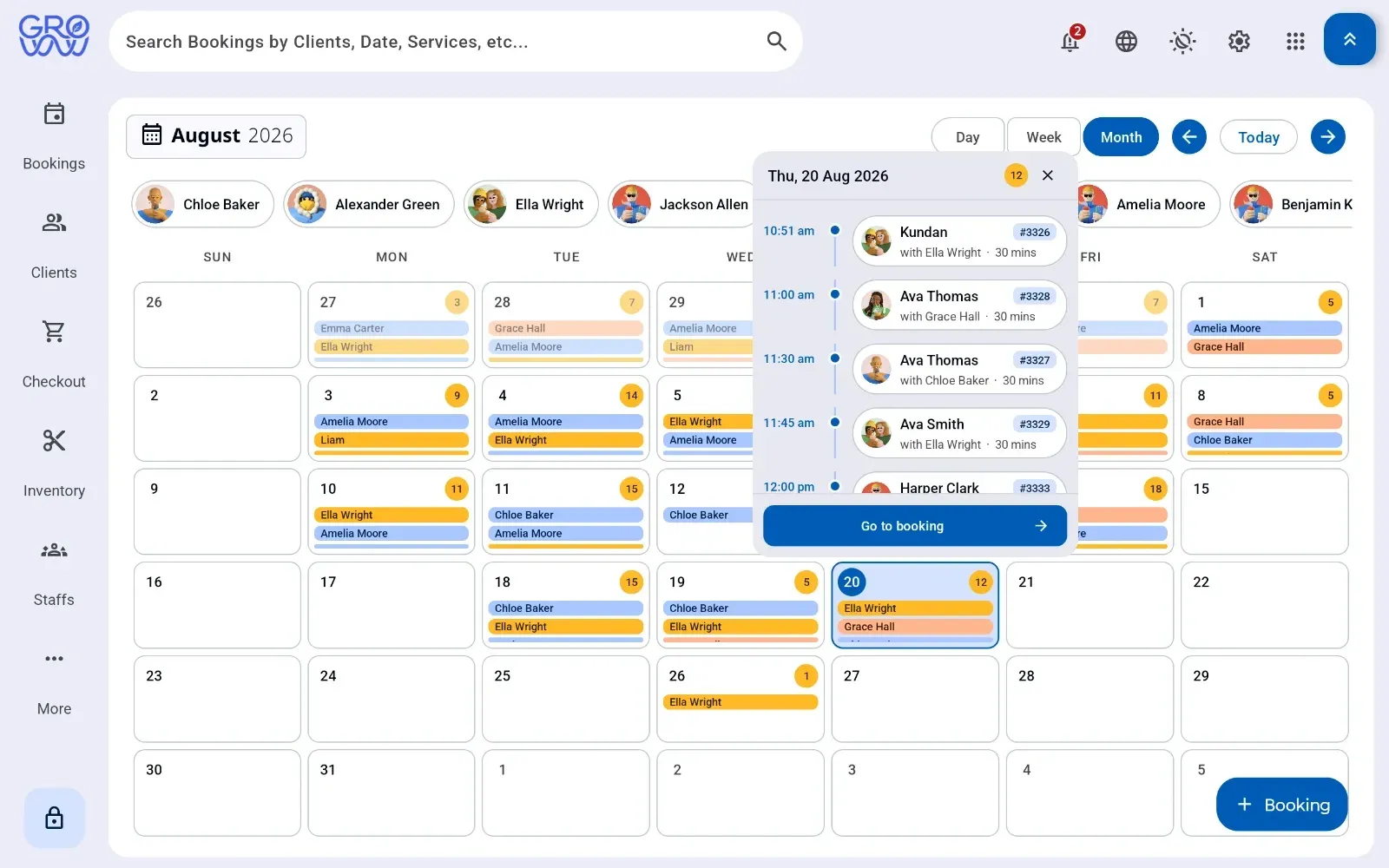 Groww POS month view with a day panel open, listing that day's appointments by time with the client, the staff member and the duration