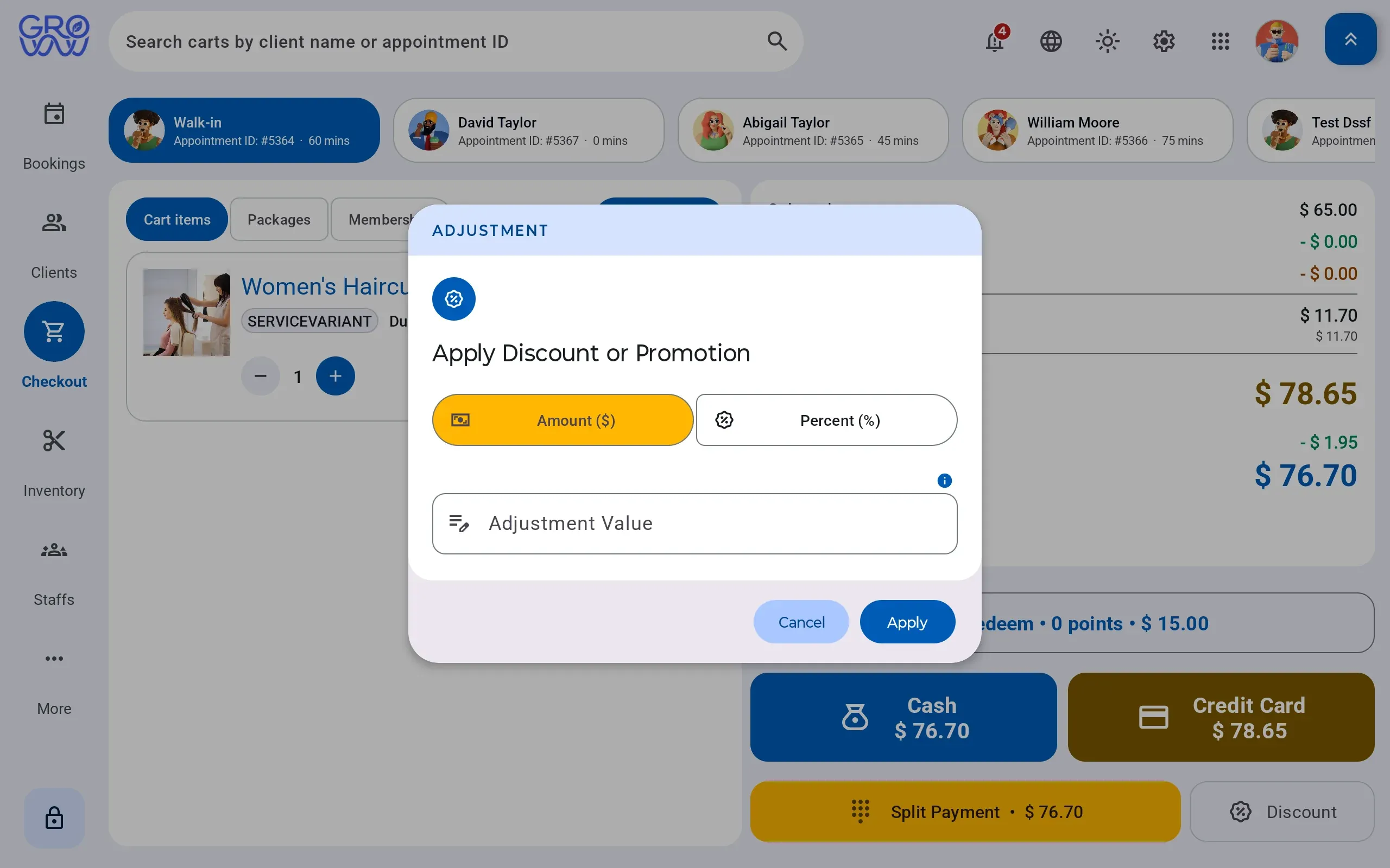 Groww POS checkout with the discount dialog open, offering an amount or a percentage adjustment before it is applied to the sale