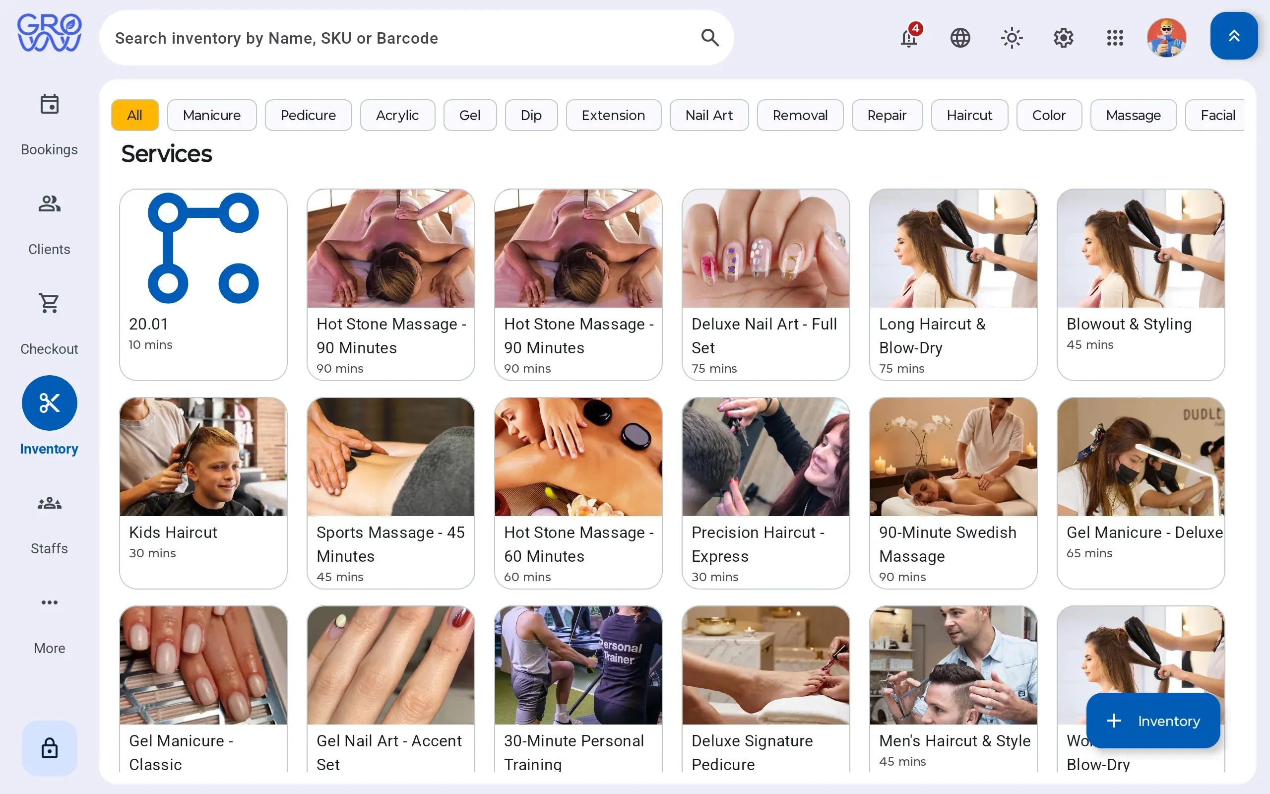 Groww POS inventory screen showing services as a photo grid with category filter chips across the top and the duration on each card