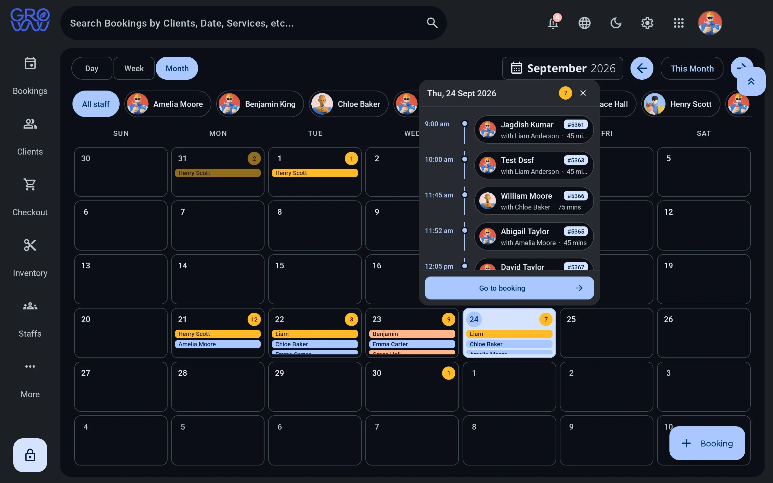 Groww POS month view with a day panel open, listing that day's appointments by time with the client, the staff member and the duration