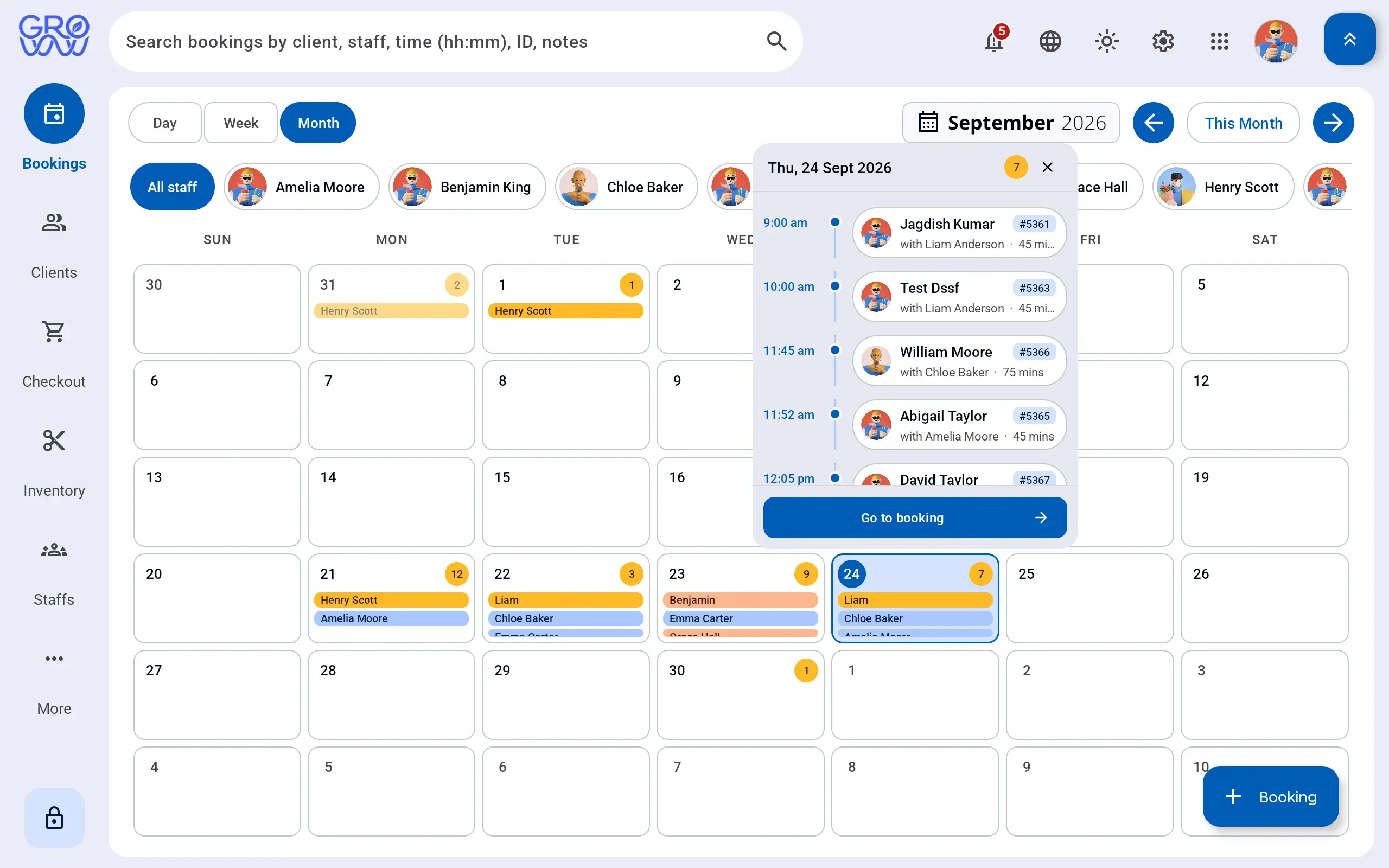 Groww POS month view with a day panel open, listing that day's appointments by time with the client, the staff member and the duration