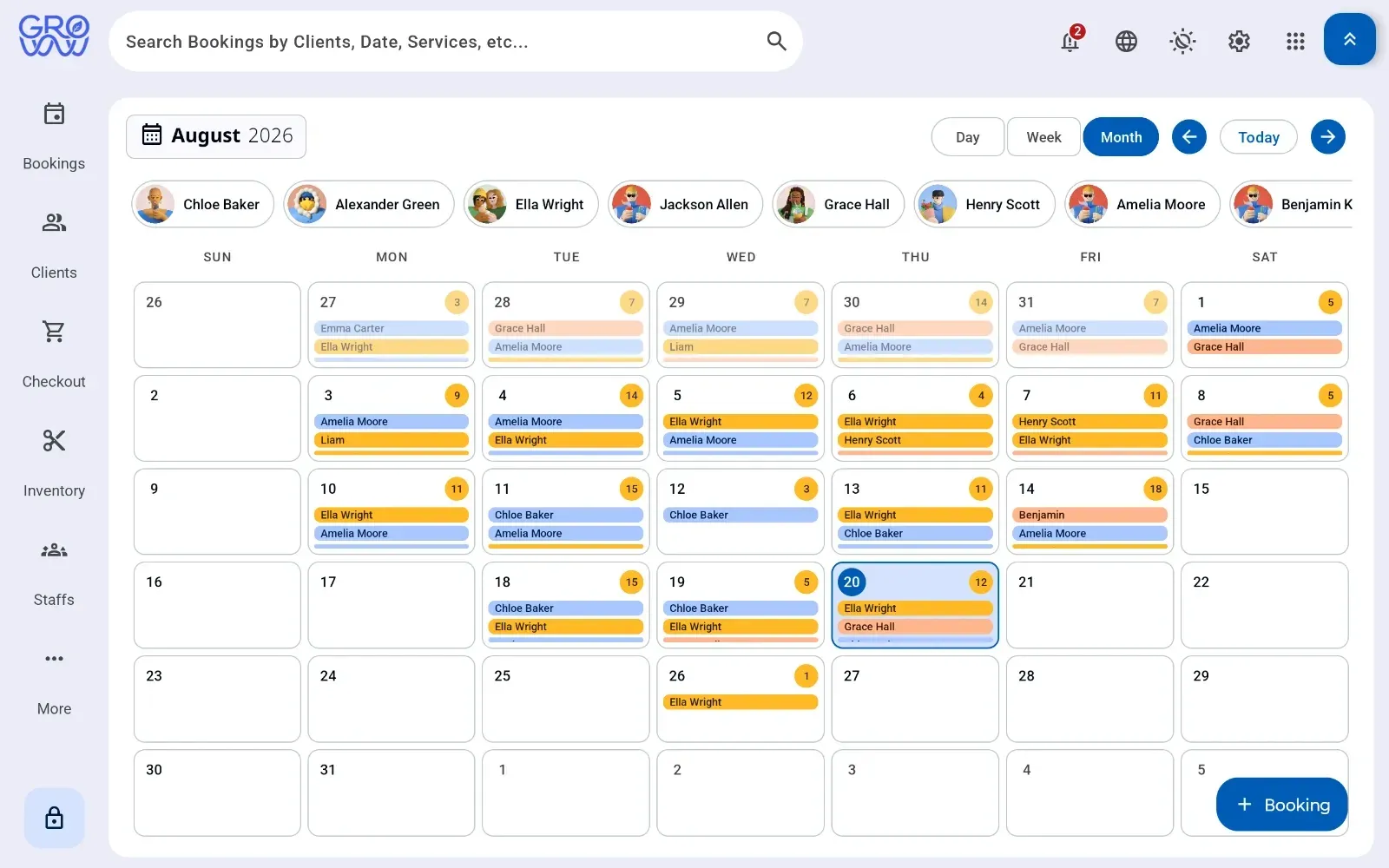 Groww POS month view with a staff filter across the top and each day showing who is booked and how many appointments it holds