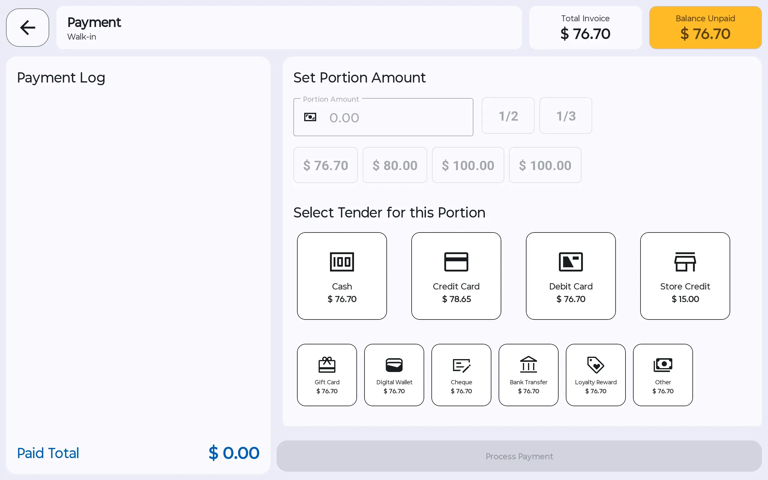 Groww POS payment screen with gift card among the tender tiles, a portion amount for part payment, and the balance still unpaid shown at the top