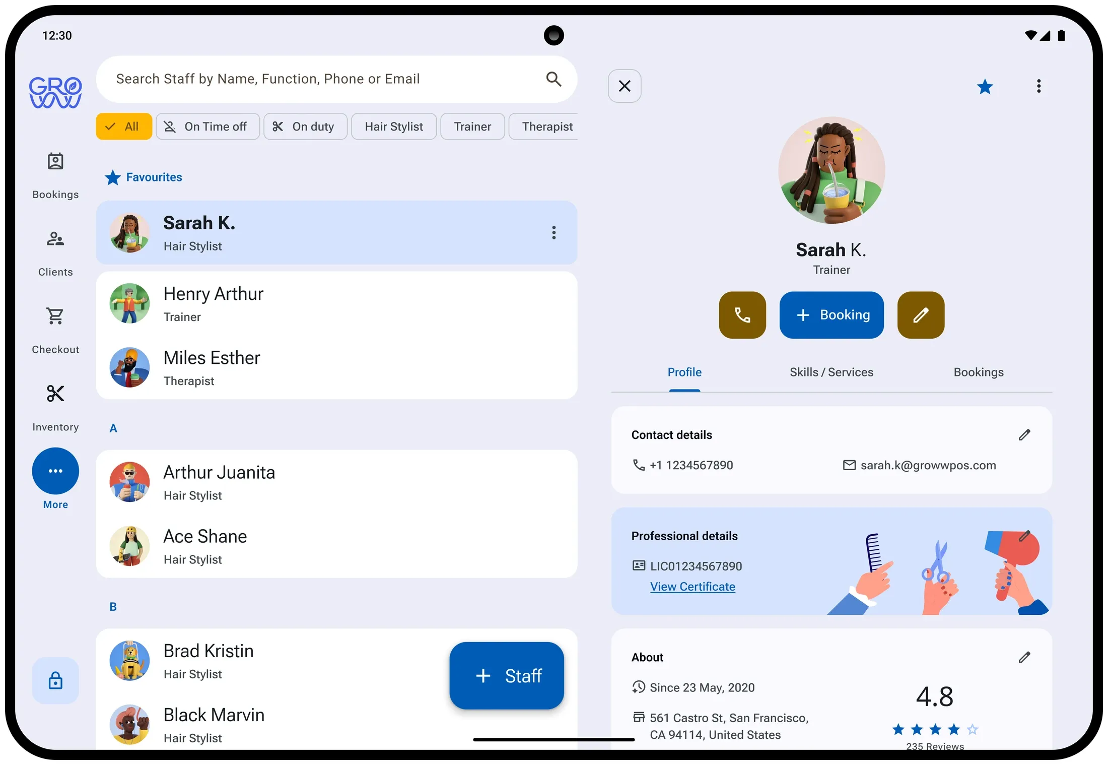 Groww POS staff directory with filters for on duty and time off, beside a staff profile showing contact details, licence, specialties and rating