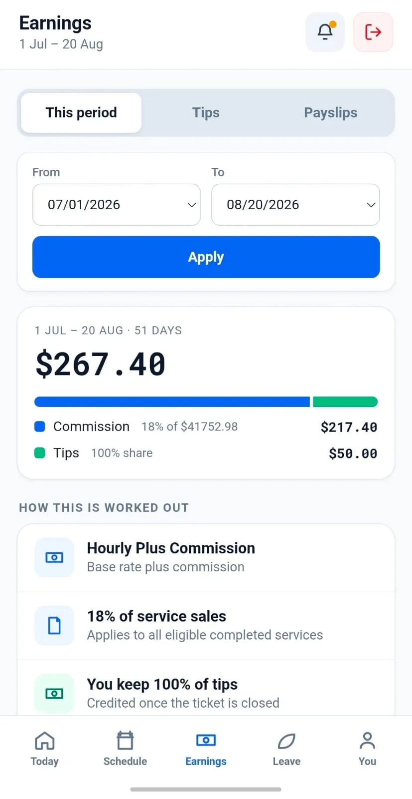 Staff app earnings screen showing commission at eighteen per cent of service sales, tips kept in full, and payslips