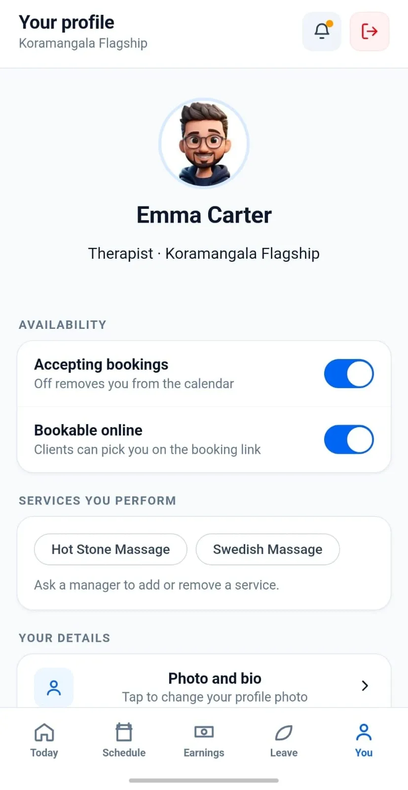 Staff app profile screen with availability toggles for accepting bookings, and the services this team member performs