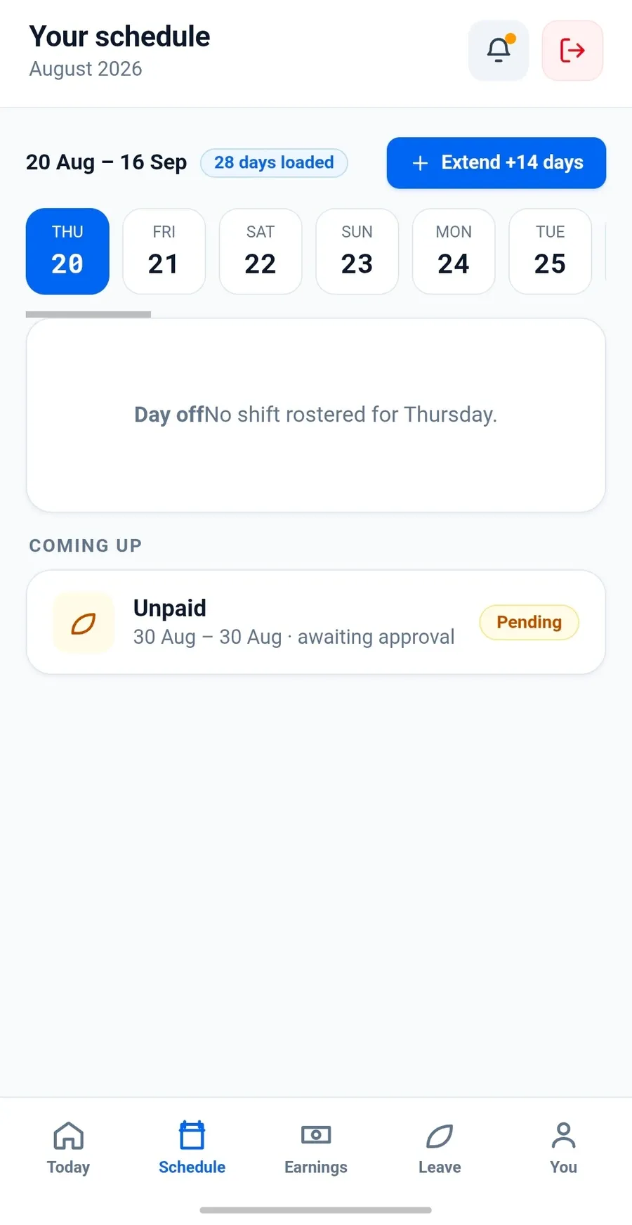 Staff app schedule showing a four-week roster strip, a day off, and a pending unpaid leave request