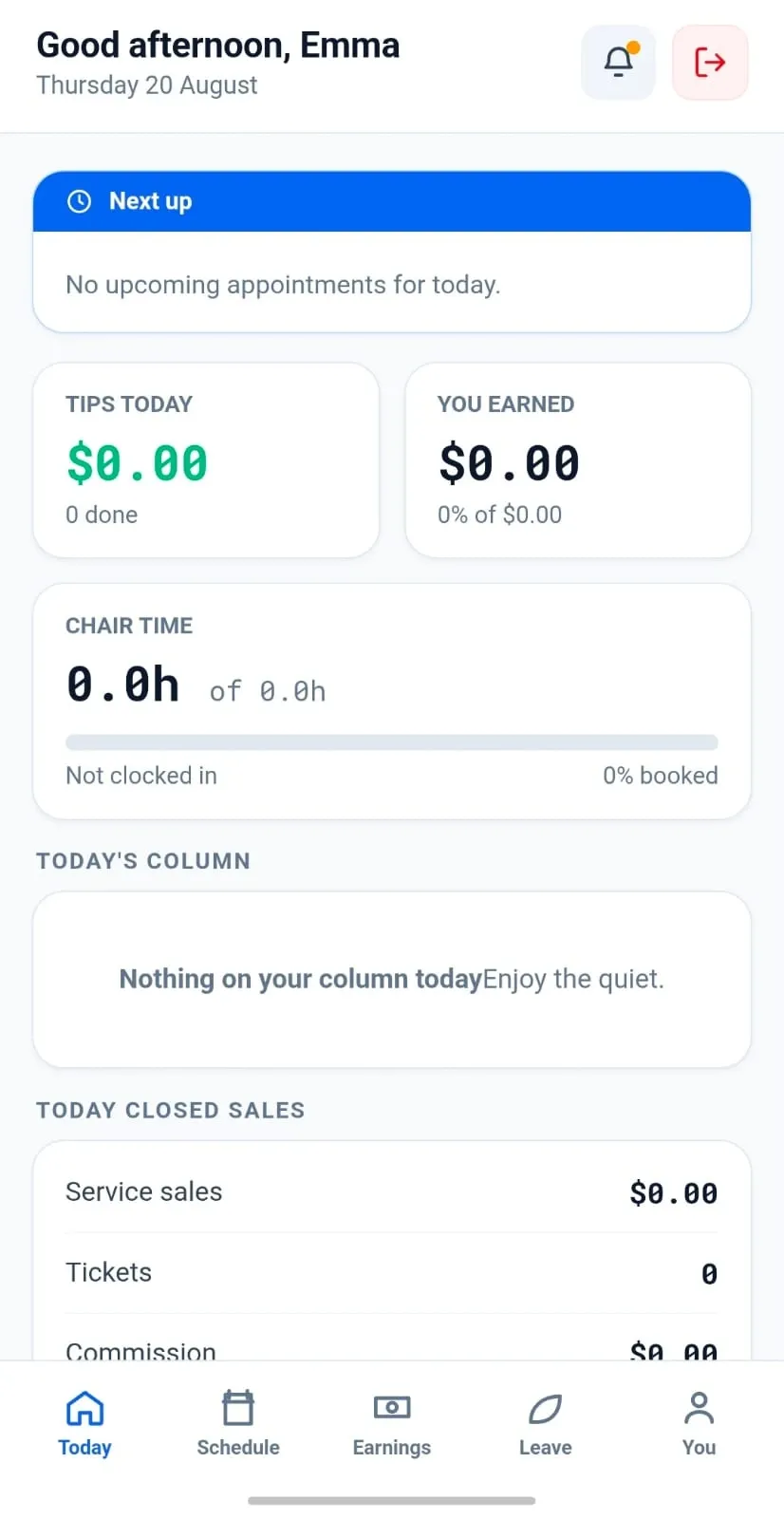 The Groww POS staff app showing a team member’s day: next appointment, tips today, earnings and chair time